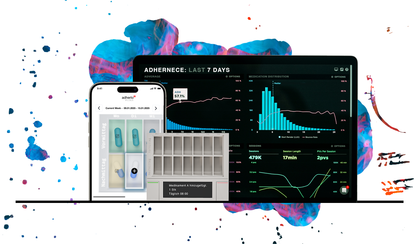 Setbase Hero Bild mit Dashboard, App und digitaler pillenbox